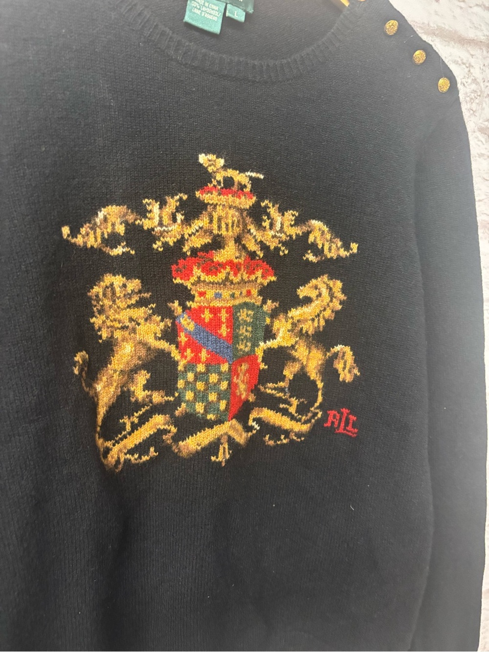 Lauren Ralph Lauren Wool Sweater Coat of Arms Crest Black size Large Preppy EUC - Picture 5 of 5